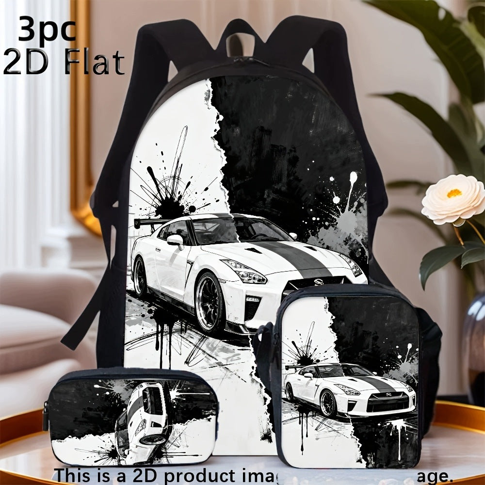 Ink Splash Sports Car Backpack Set with Fashion Pencil Case and Crossbody Bag