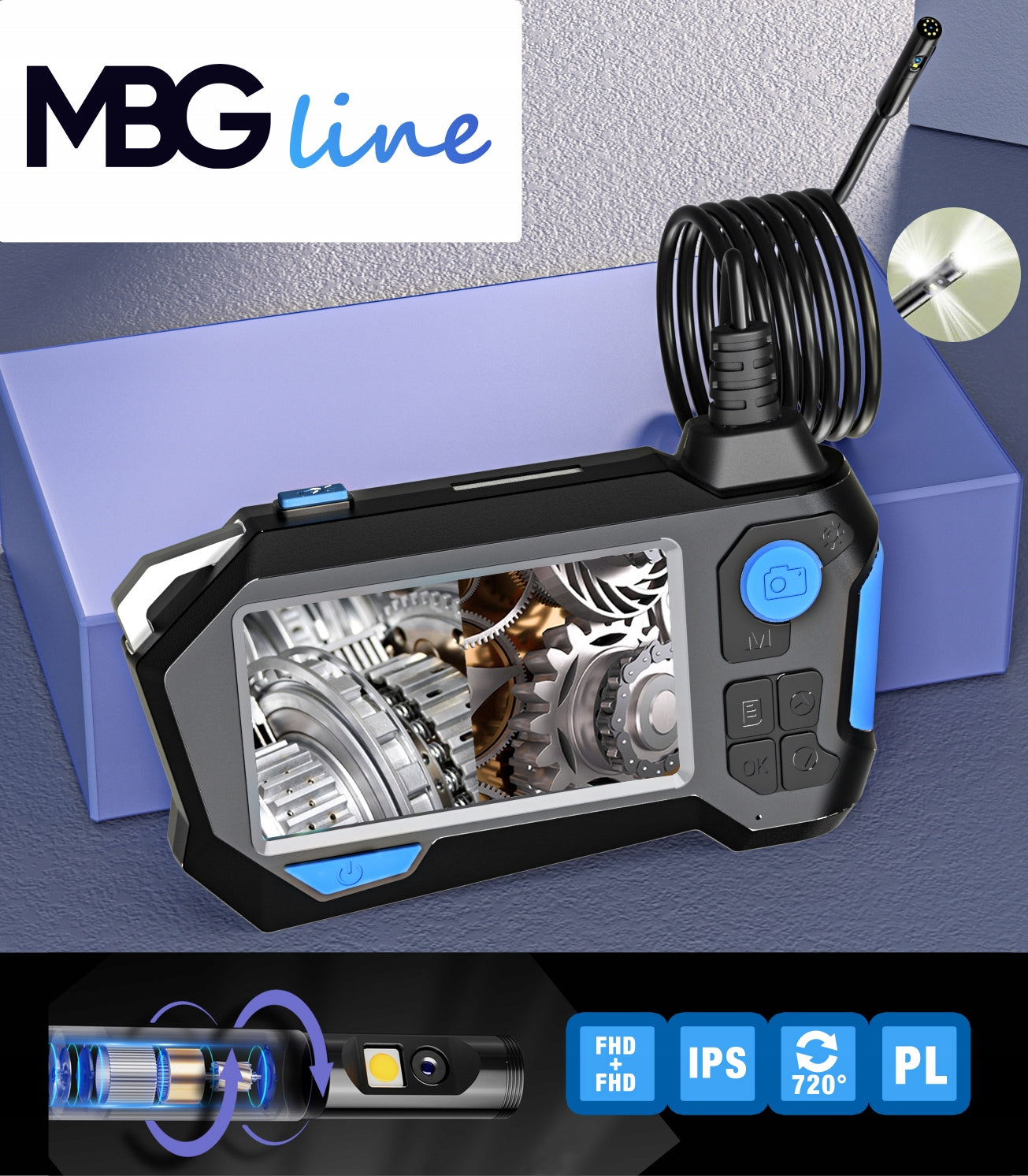 Inspection Camera MOVABLE HEAD 360° Endoscope Borescope IP67 Workshop Brand MBG Line