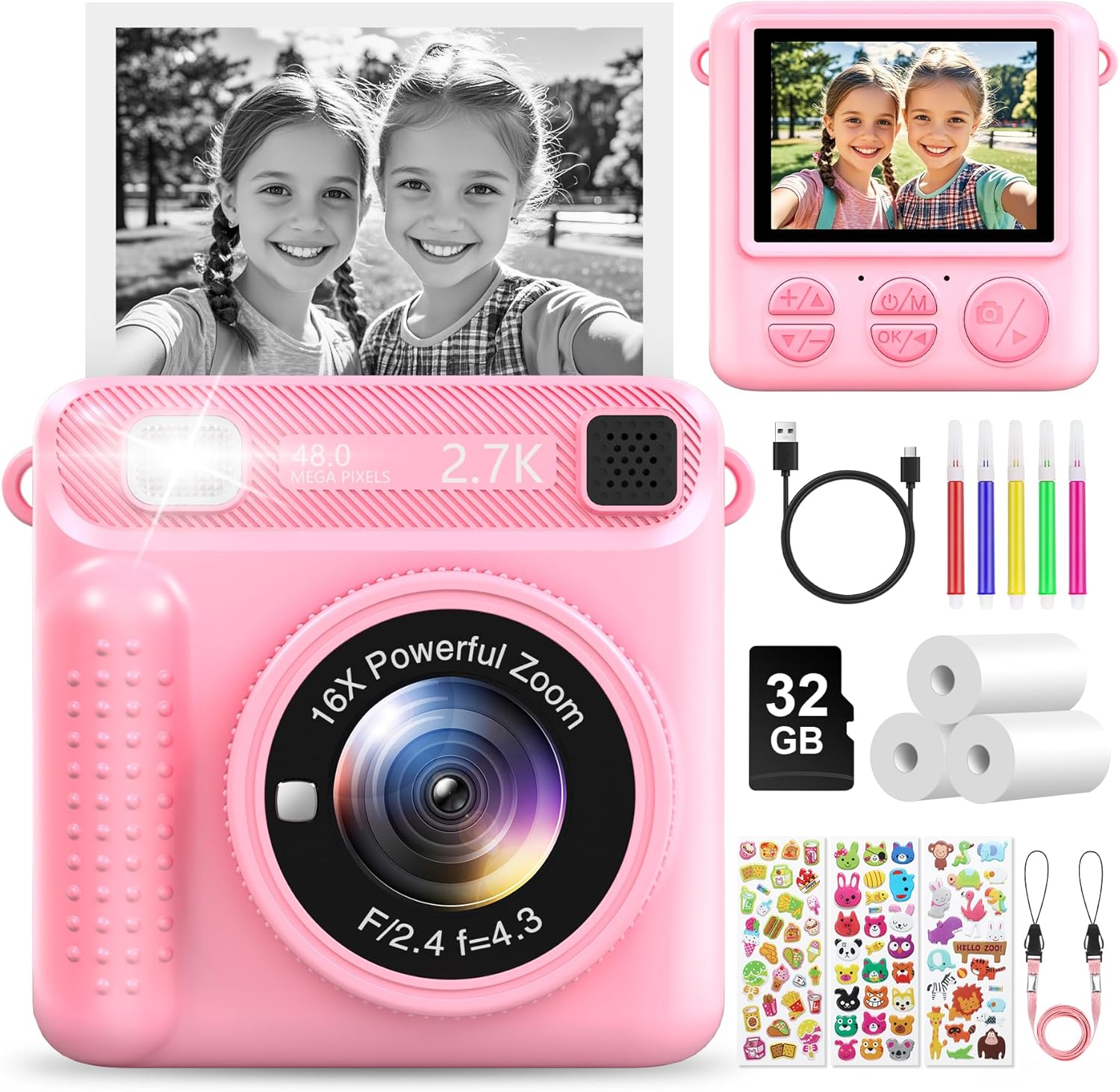 Instant Camera Pink with Printer and 32GB Card