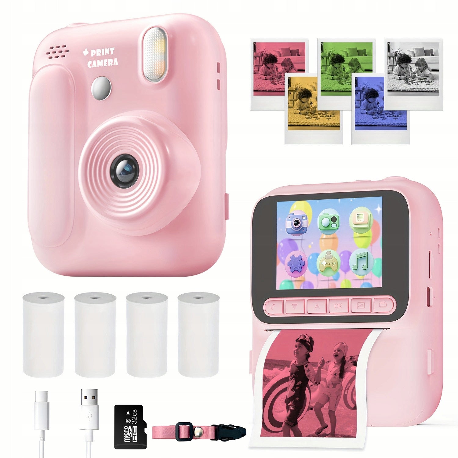 Instant Digital Camera for children with printer + 32GB card + 4 rolls