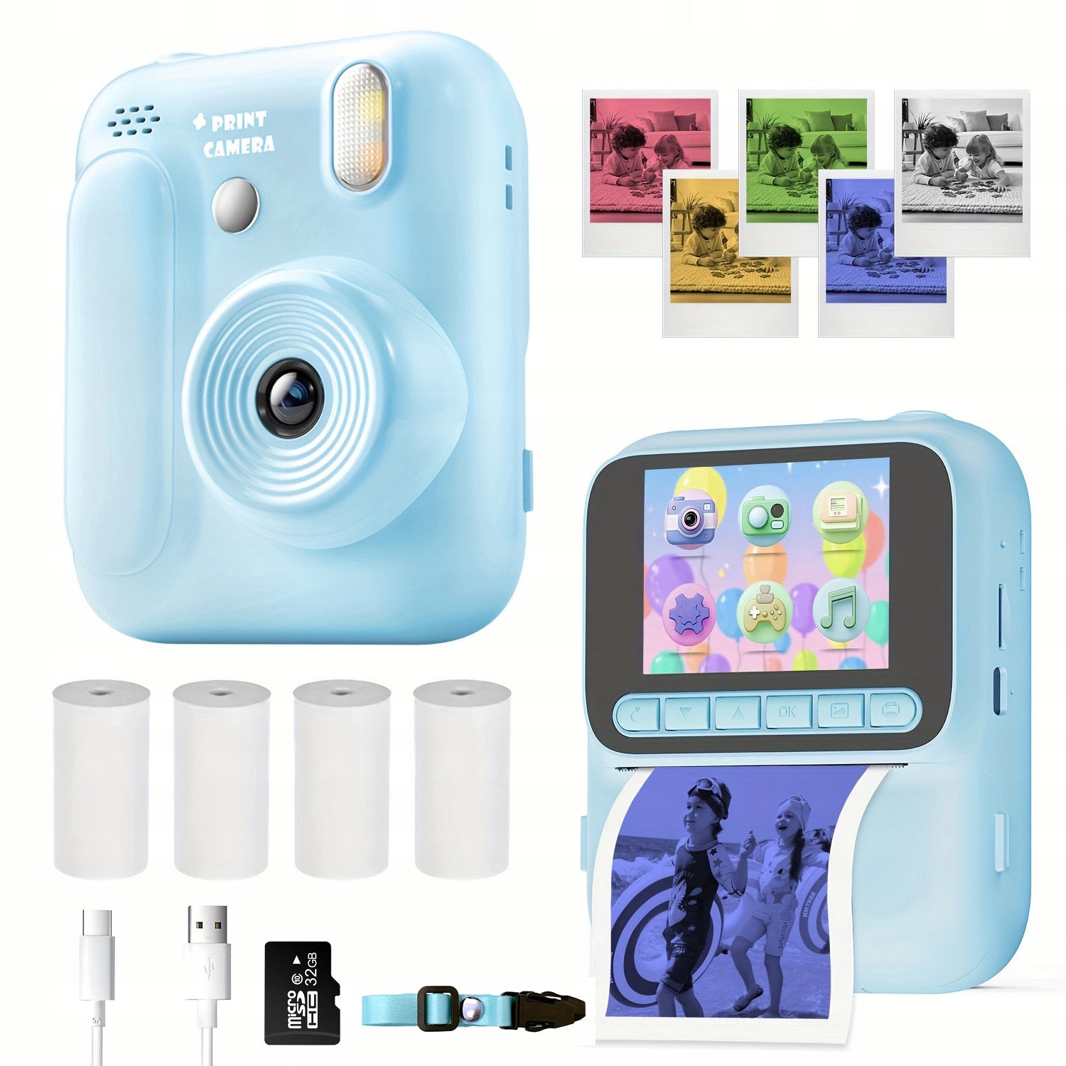 Instant Digital Camera for children with printer + 4 rolls + 32GB card