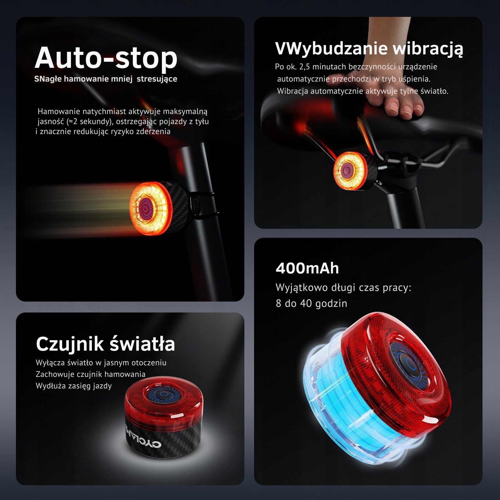 Intelligent lightweight rear light with brake, light and vibration sensor. Brand CYCLAMI