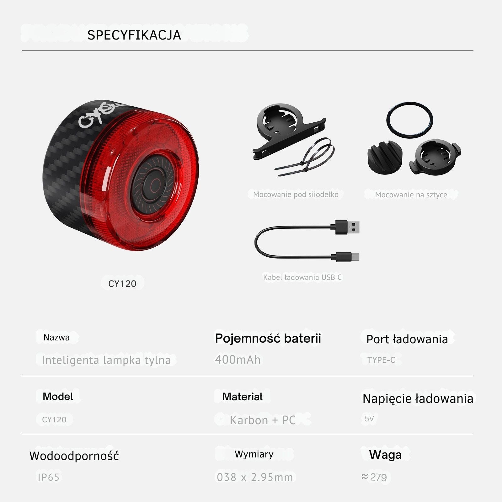 Intelligent lightweight rear light with brake, light and vibration sensor. Kind rear-facing