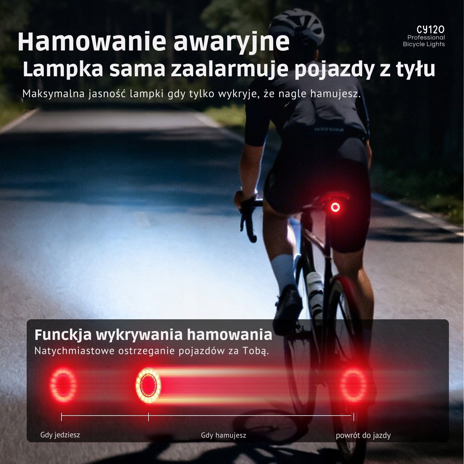 Intelligent lightweight rear light with brake, light and vibration sensor. Model CY120