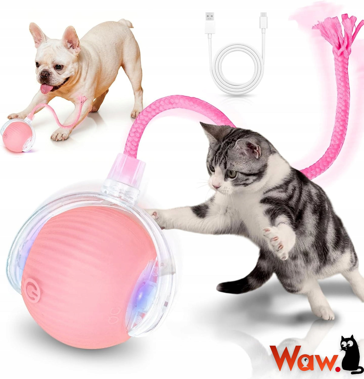 Interactive cat ball USB-C LED automatic movable 6 cm pink