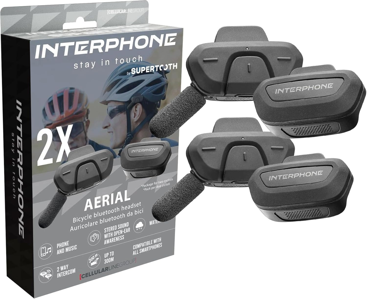 Interphone Aerial Bluetooth bicycle intercom for helmet for 2 drivers 300m