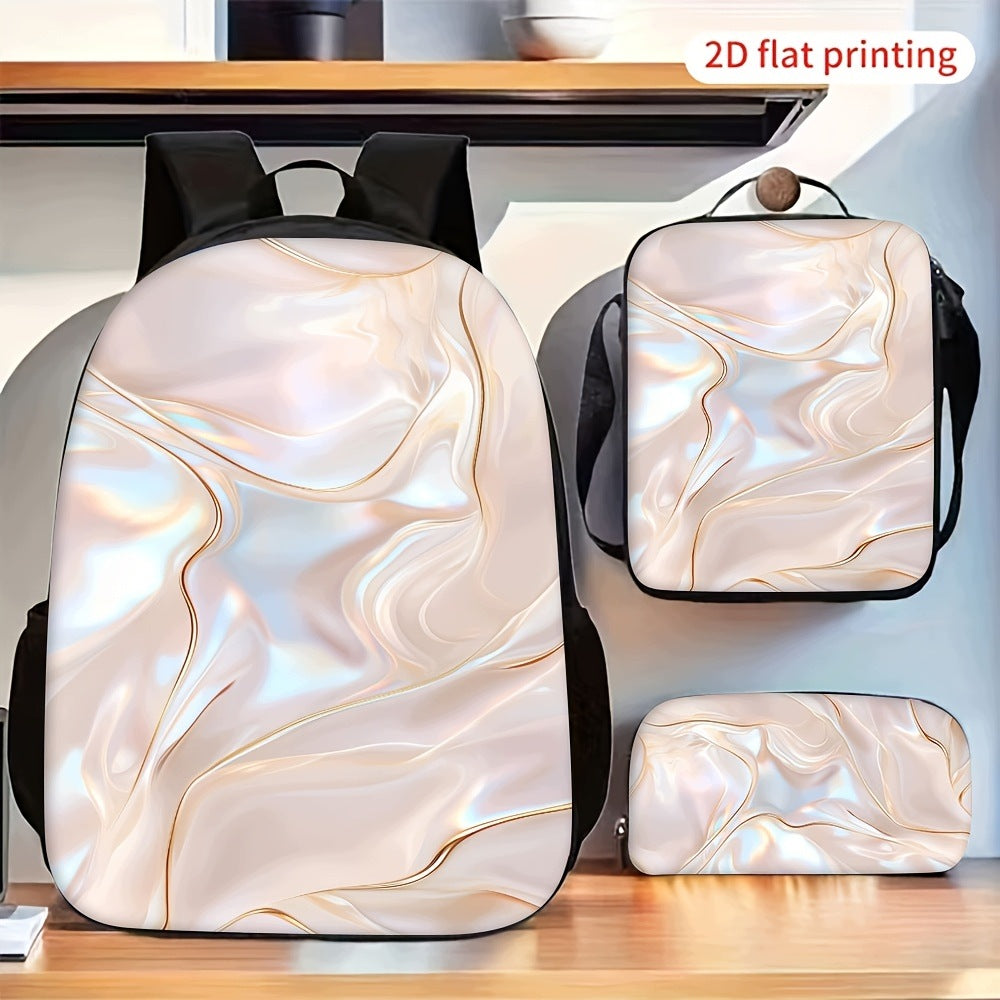 Iridescent Wavy Marble Backpack Set - Abstract Fashion Casual Travel