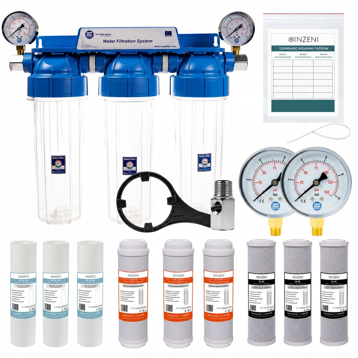 Iron and hard water filter 9 filters + PRESSURE GAUGES INZENI set for home