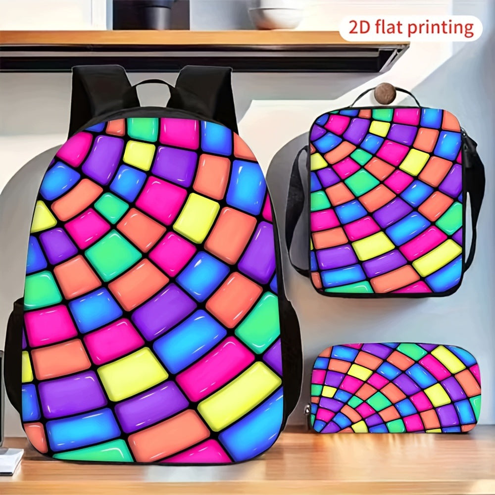 Irregular Mosaic Bag Set: 2D Flat Backpack, Crossbody Bag, Pencil Pouch
