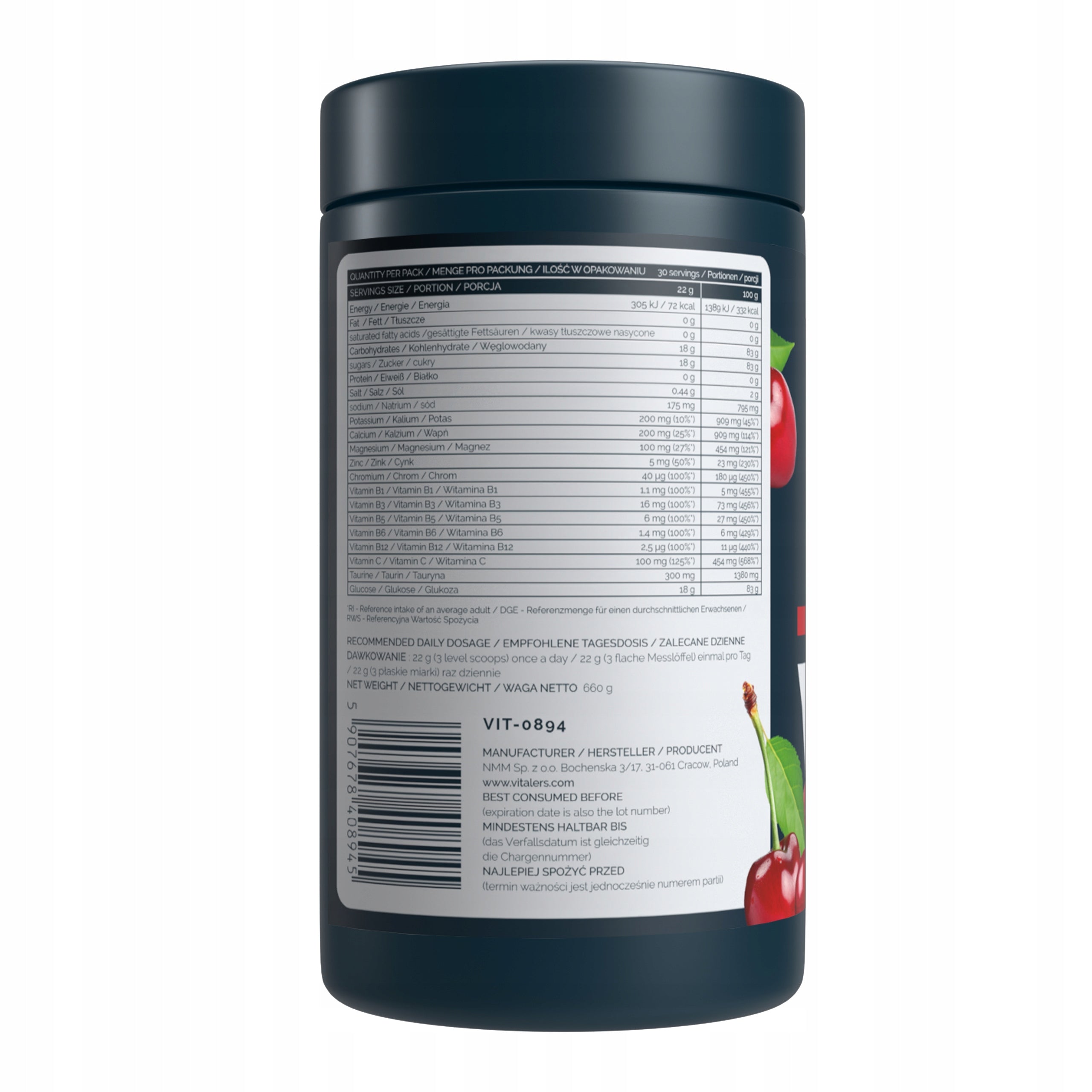 Isotonic Electrolytes Cherry Isotonic Drink Carbohydrates Energy 660 g Packaging status original