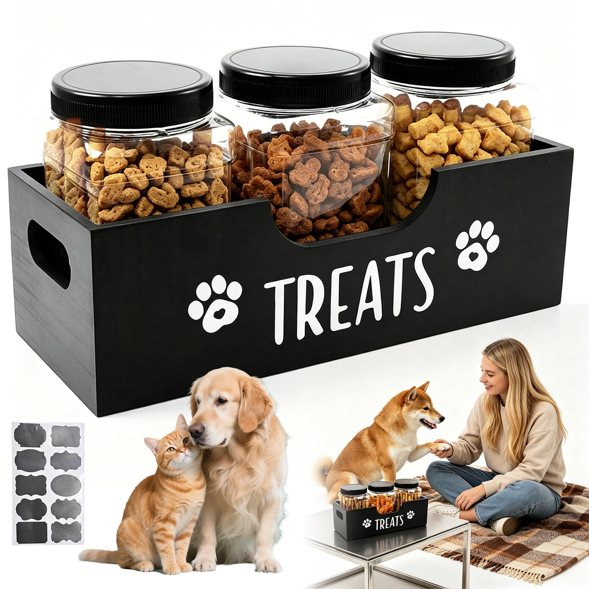 JAR DOG TREAT CONTAINER 3PCS WOODEN WITH BOX BLACK SET