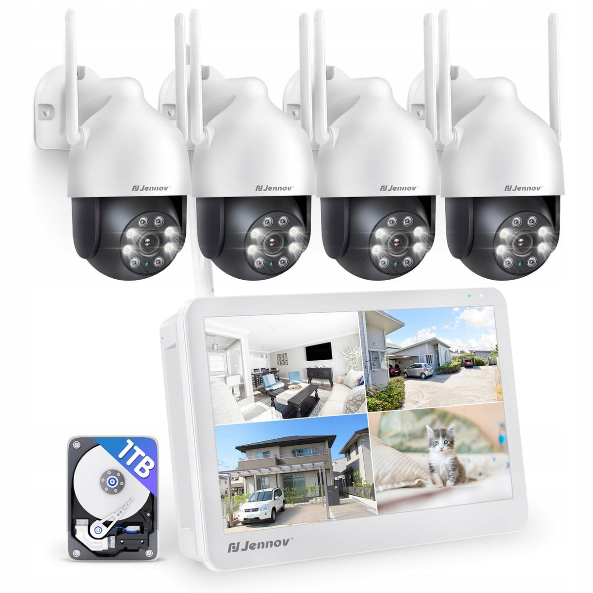JENNOV Outdoor WLAN Camera Kit 10'' Monitor 4x 5MP PTZ 1TB HDD