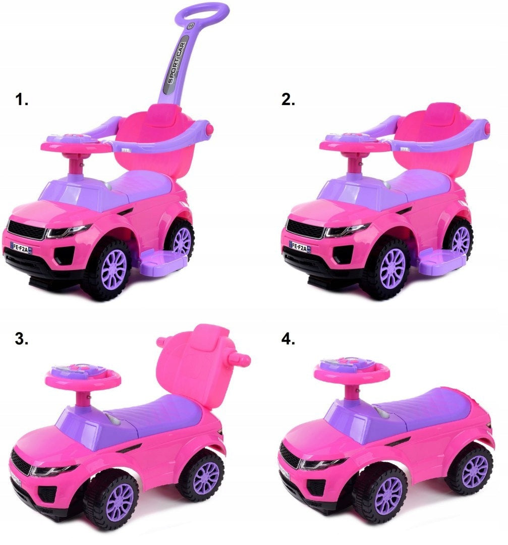 Paspiriamas vaikiškas automobilis-stumdukas su rankena, rožinis