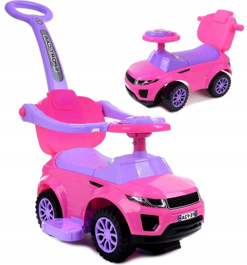 Paspiriamas vaikiškas automobilis-stumdukas su rankena, rožinis