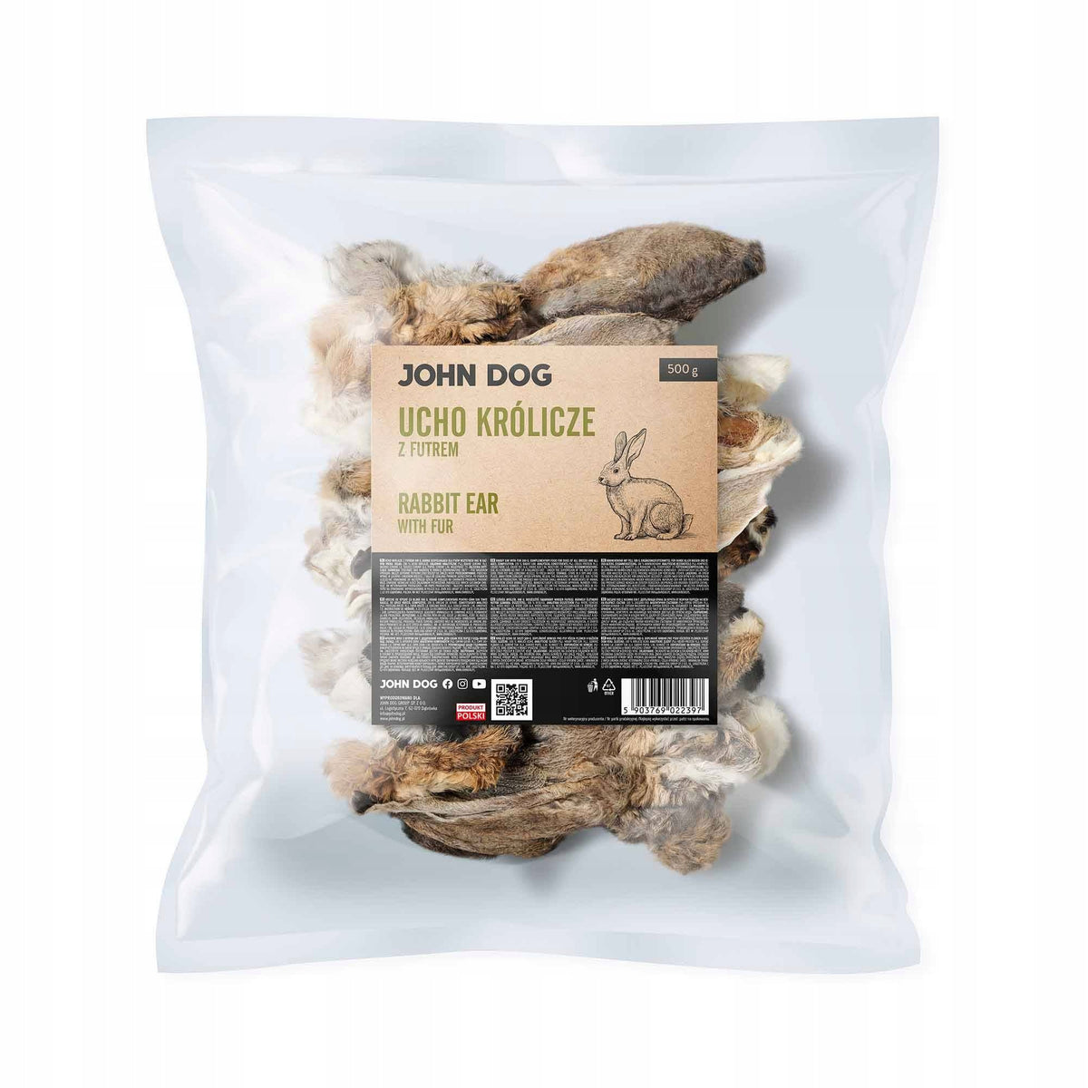 JOHN DOG Natural Dried Dog Teether Rabbit Ear with Fur 500 g