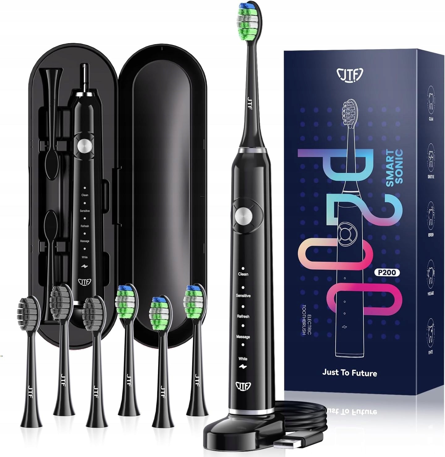 JTF P200 black electric toothbrush 5 modes 6 heads 60 working days