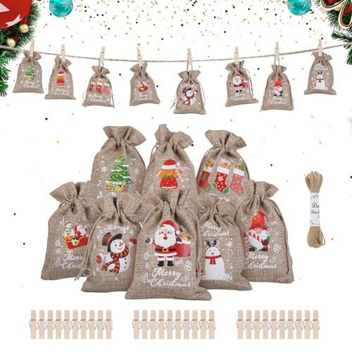 JUTE BAGS FOR ADVENT CALENDAR GIFTS 24 PIECES 10X15 CM Brand no brand