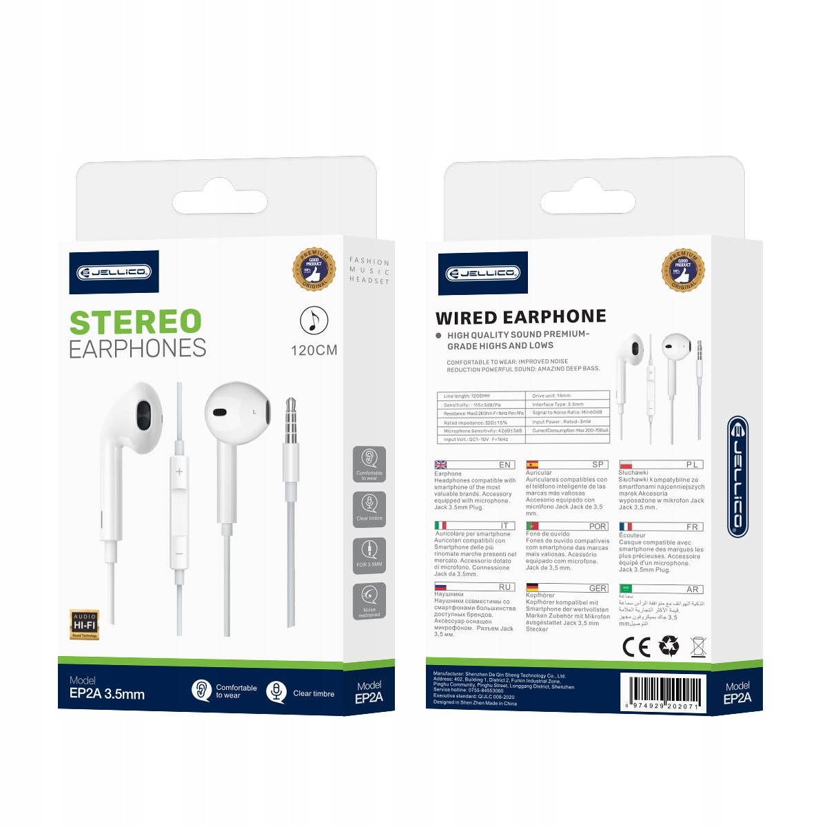 Jellico EP2A Jack 3.5MM Wired Headphones with Microphone 1.2M White