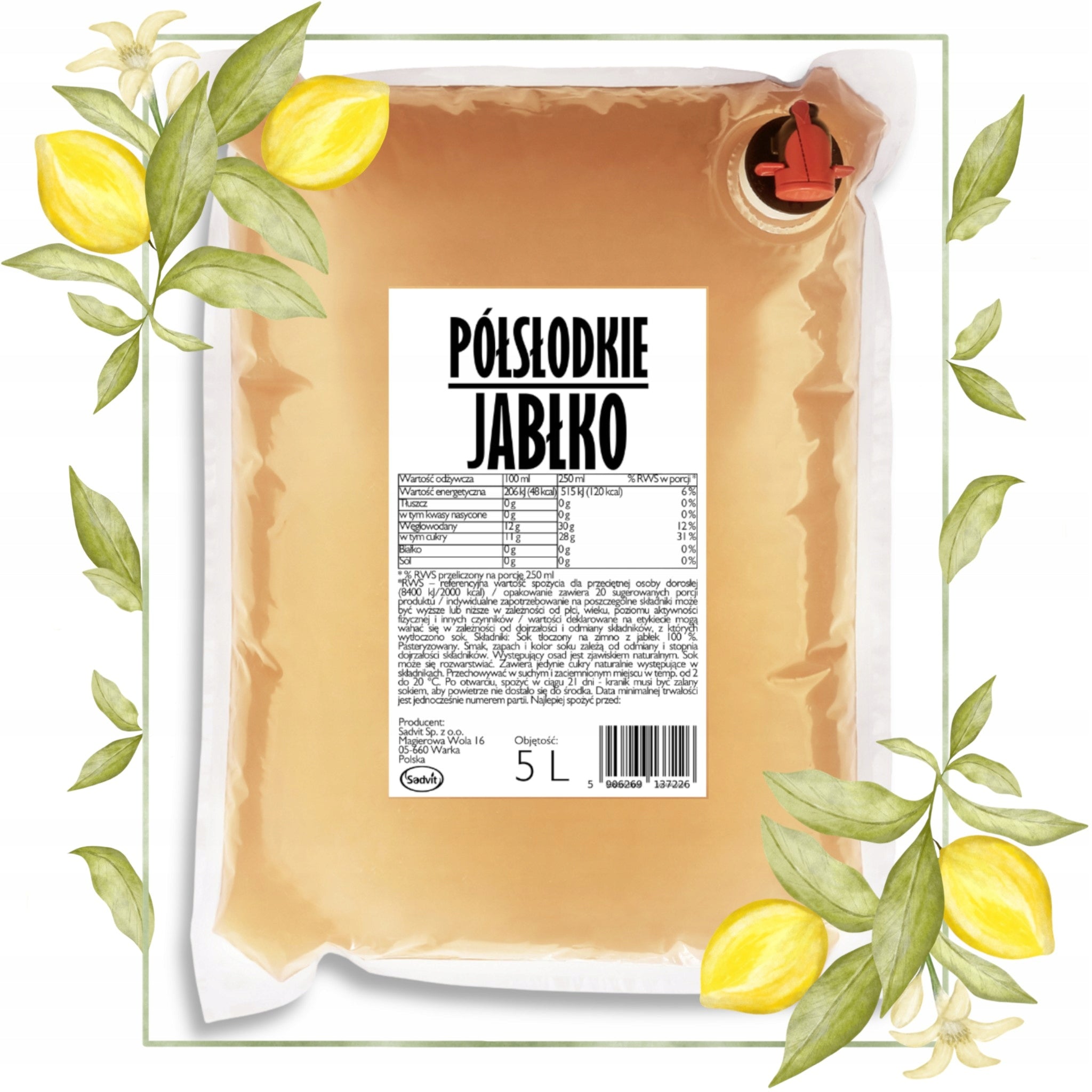 Juice Apple Semi-Sweet 100% Apples NFC Natural Pressed No Additives 5l Packaging status original