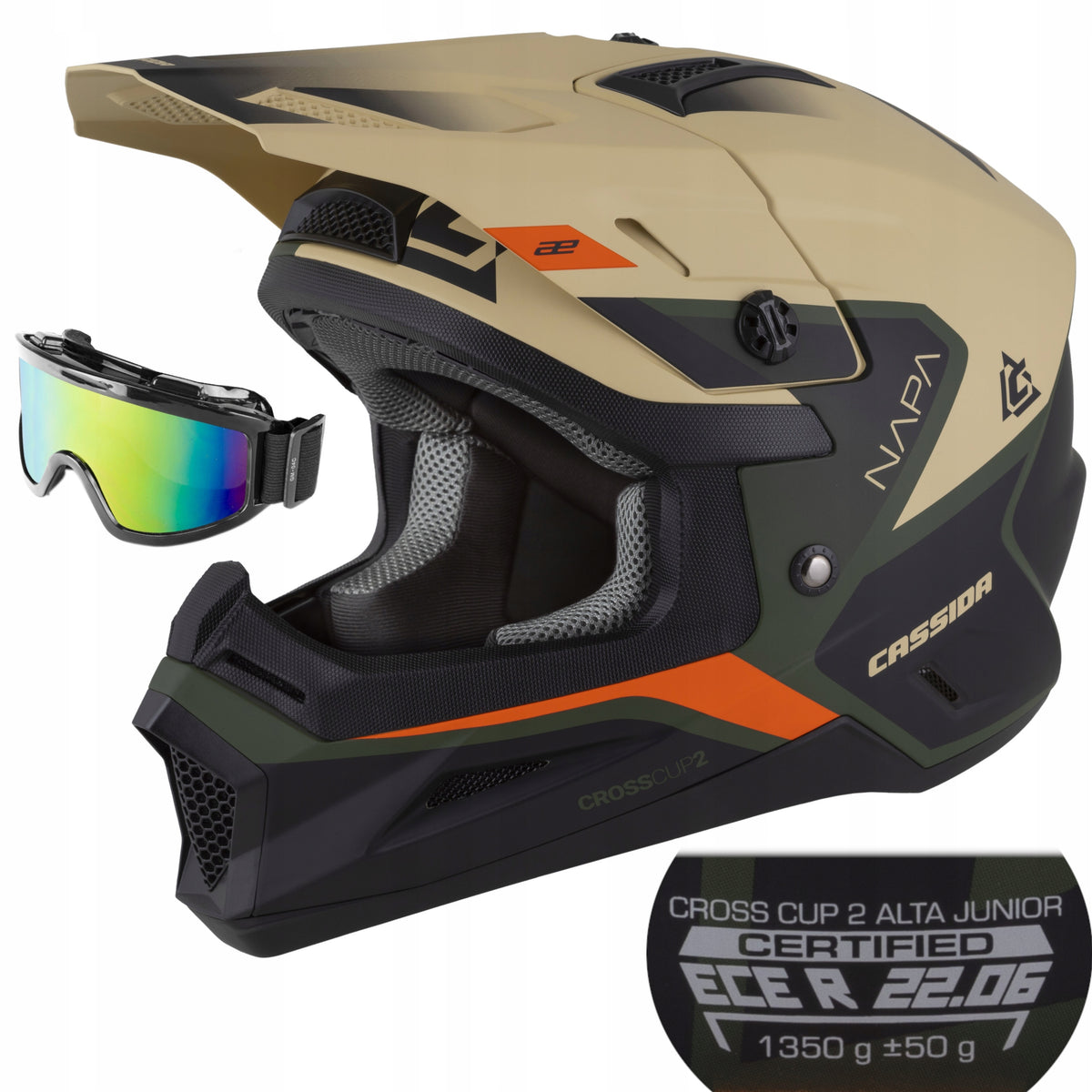 Junior Motorcycle Helmet CASSIDA Cross Quad CUP2 Under intercom + GOGGLES M 50cm