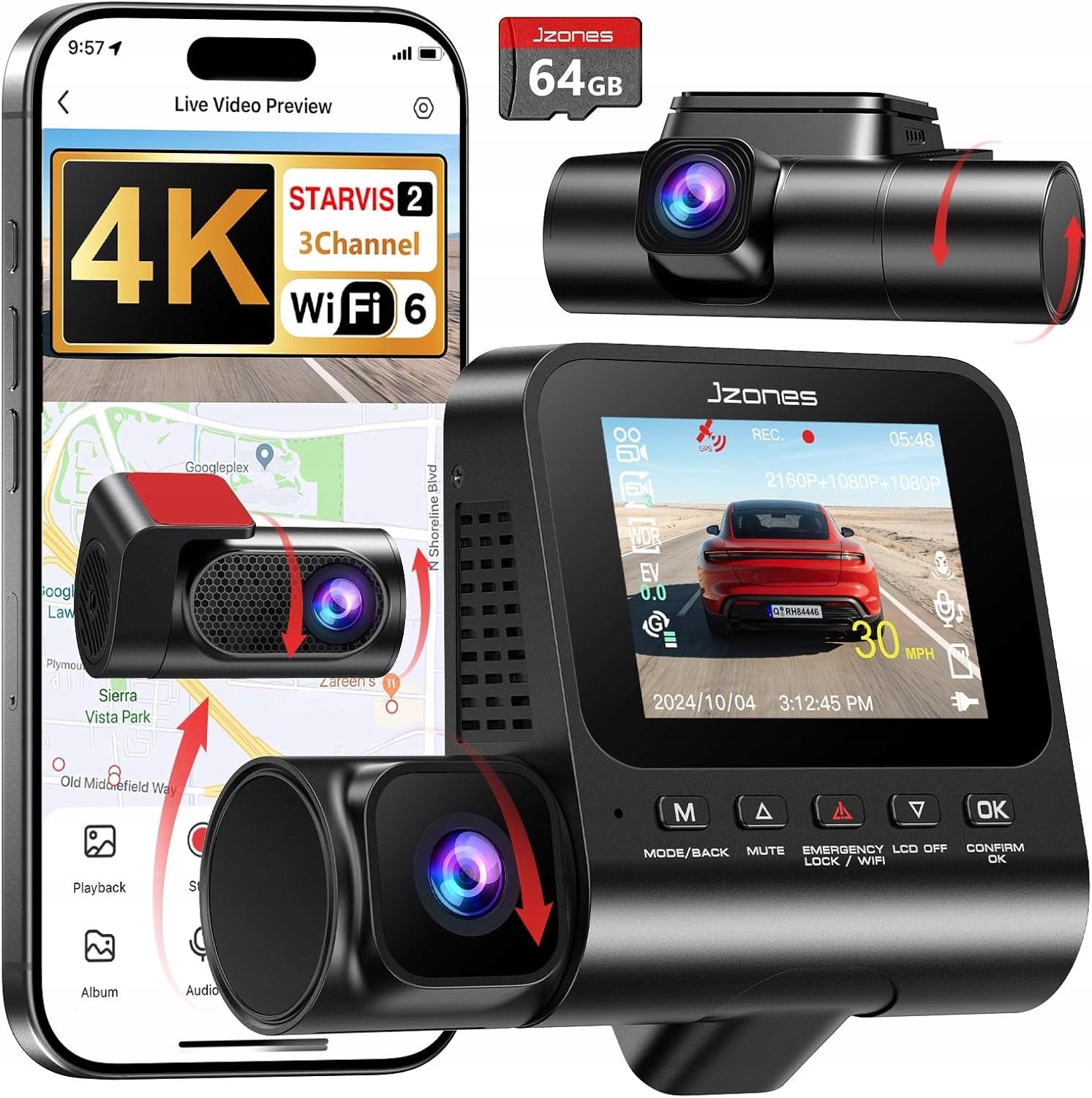 Jzones Video Recorder Car Camera 4K+2x1080p Starvis 2 HDR WiFi