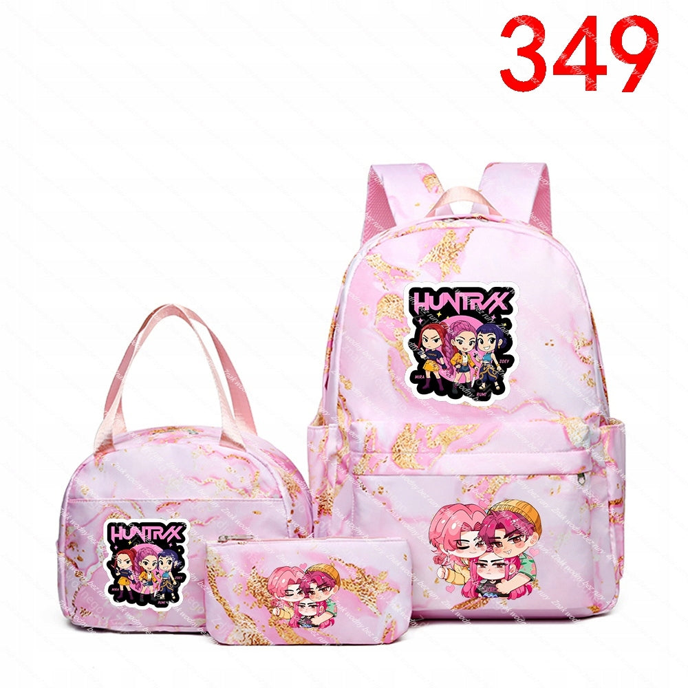 K-POP School Backpack Set with Two Small Bags, Marble Pattern and Packaging status original