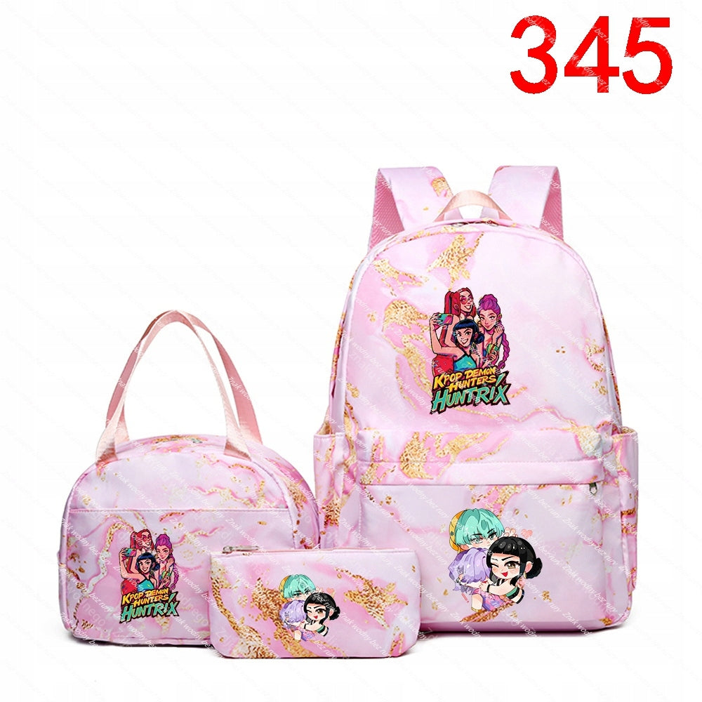 K-POP School Backpack Set with Two Small Bags, Marble Pattern and
