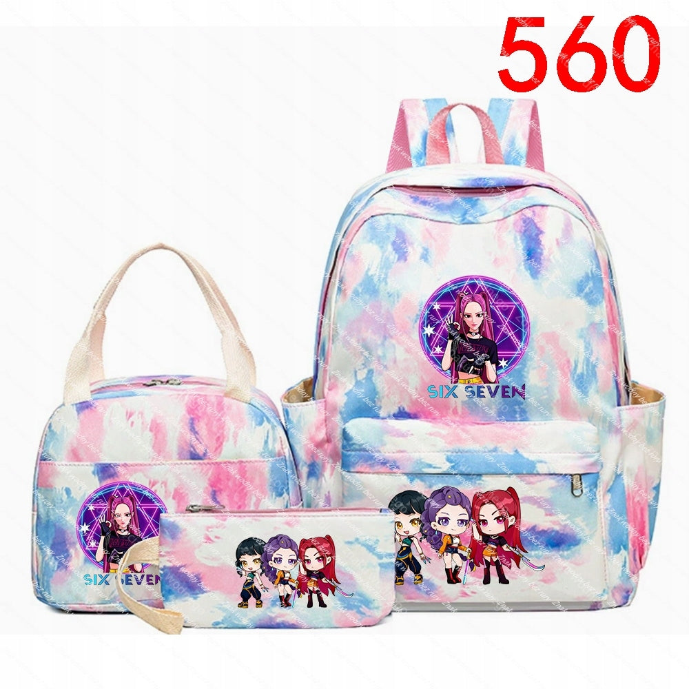 K-POP School back set: backpack, bag and case with fairy-tale characters.