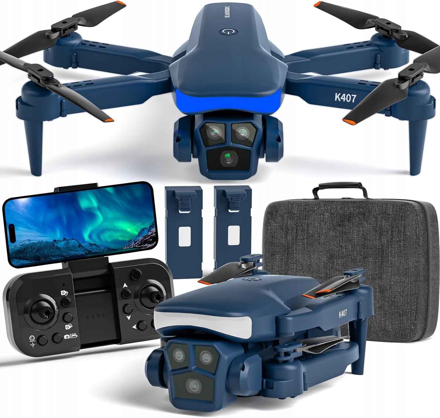 K407 DRONE WITH CAMERA 1080P ADJUSTABLE 135° LENS FOLDABLE WITH 2 BATTERIES
