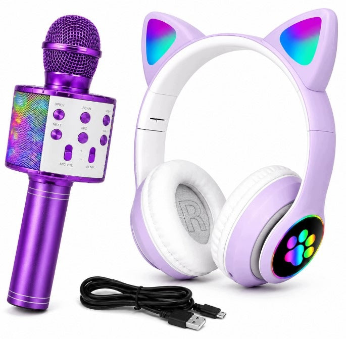 KARAOKE MICROPHONE FOR KIDS BLUETOOTH + HEADPHONES CAT EARS LED SET