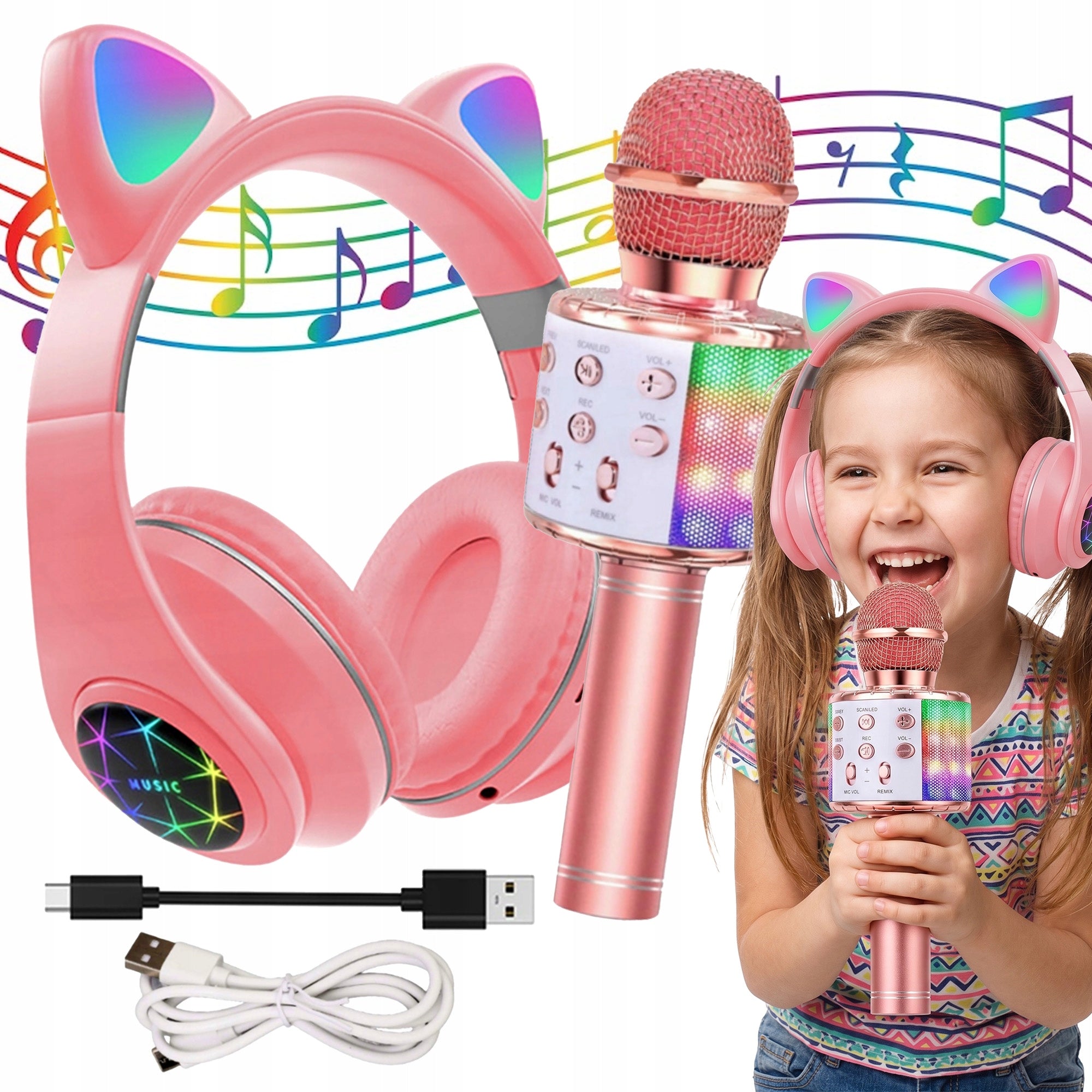 KARAOKE SET ON-EAR HEADPHONES FOR CHILDREN CAT EARS BLUETOOTH MICROPHONE