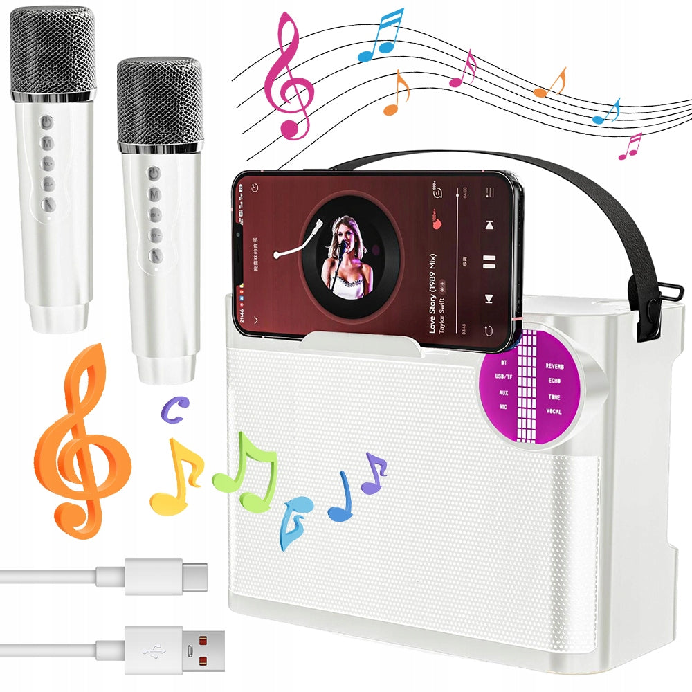 KARAOKE SPEAKER WITH 2 MICROPHONES, 10W, VOICE EFFECTS, SHOULDER STRAP, WHITE