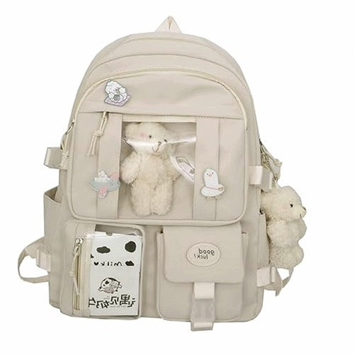 KAWAII SCHOOL BACKPACK FOR GIRLS WHITE AESTHETIC WITH BROOCH FOR HOME