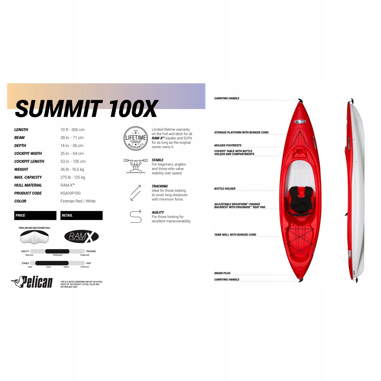 KAYAK PELICAN SUMMIT 100X made of polyethylene RAMX recreational Model Summit 100X