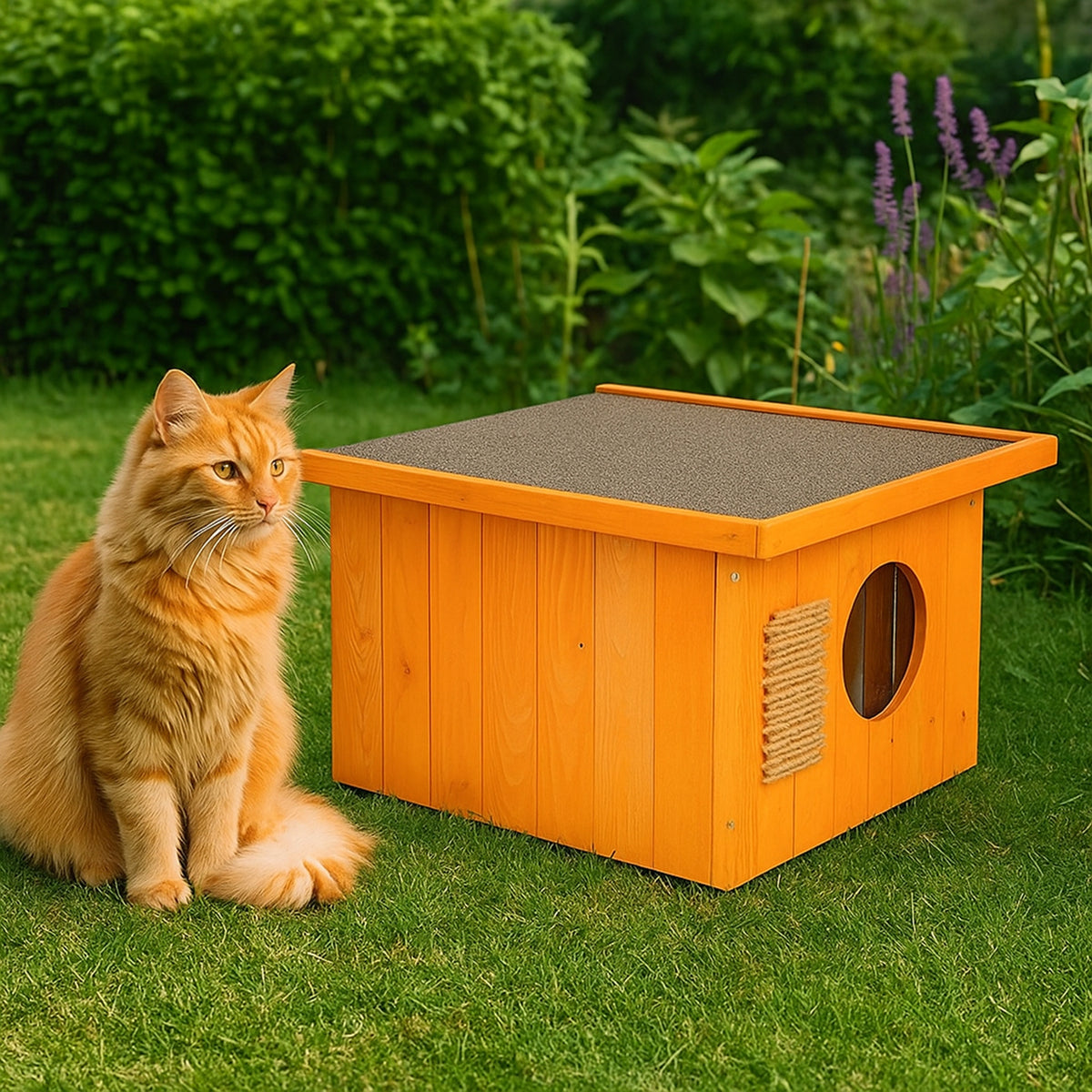 KENNEL DOG BOOTH WOODEN BED + CURTAIN HOUSE SCRATCHING POST 58x50 cm Brand Springos