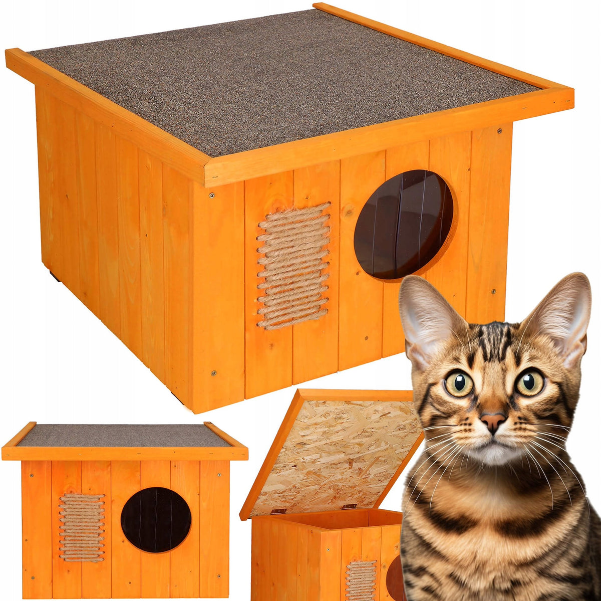KENNEL DOG BOOTH WOODEN BED + CURTAIN HOUSE SCRATCHING POST 58x50 cm