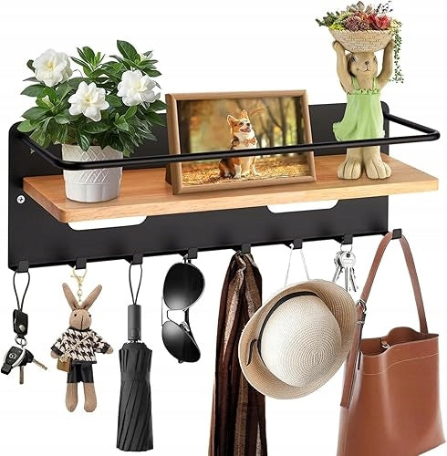 KEYBOARD WOODEN SHELF 8 HOOKS WALL ORGANIZER CORRIDOR