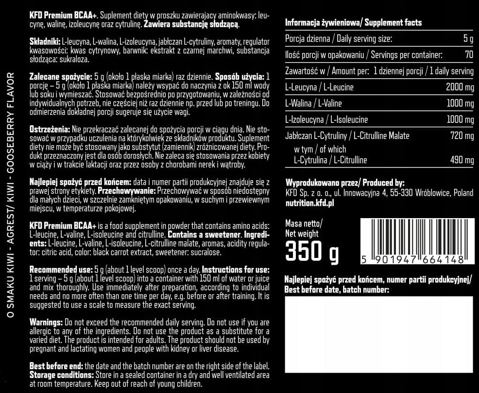 KFD BCAA Instant + 350 g Kiwi - gooseberry Expiration date at least six months from the date of purchase