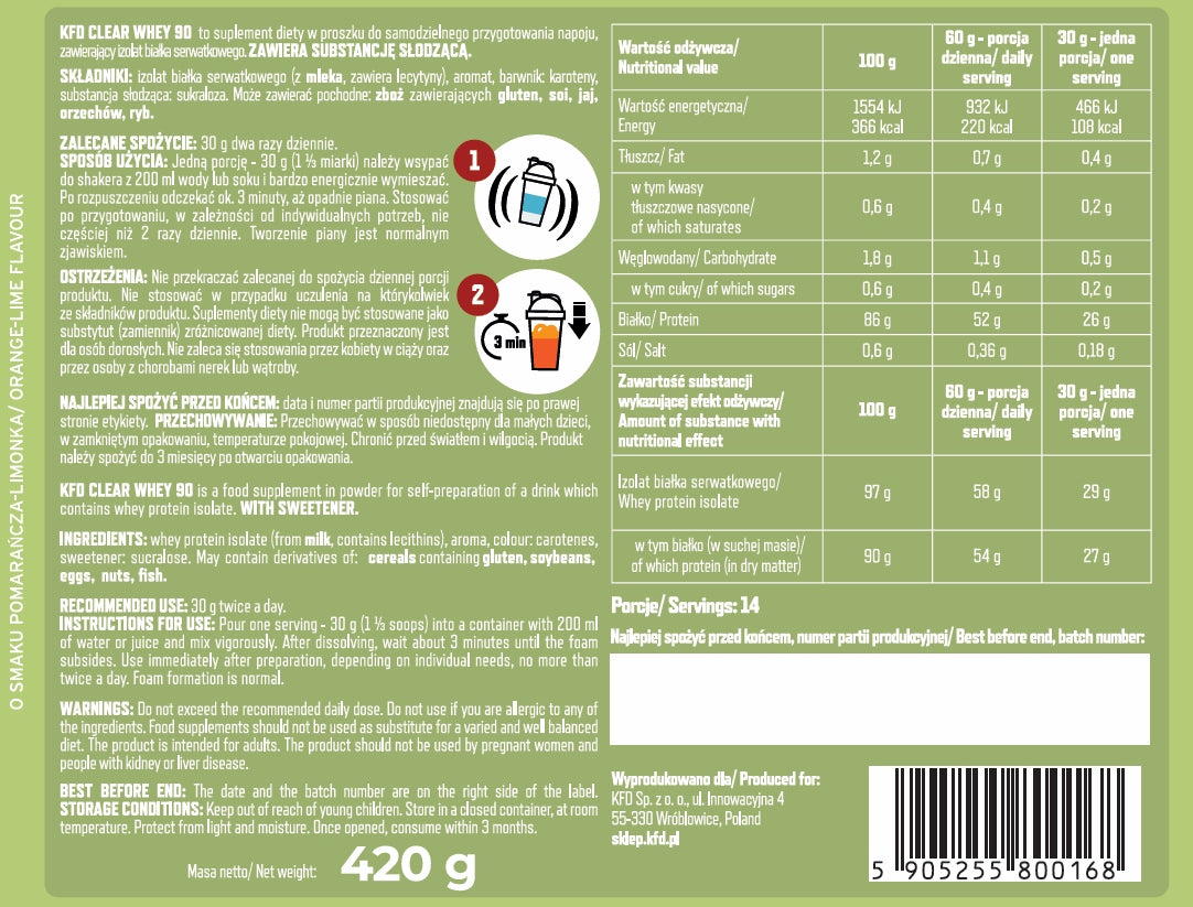 KFD CLEAR WHEY PROTEIN ISOLATE 420 G TASTE: ORANGE - LIME Expiration date at least 1 year from the date of purchase