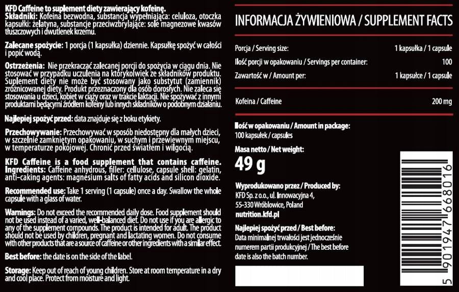 KFD Caffeine Anhydrous 200 mg 100 Capsules Energy Strength Concentration Packaging status original