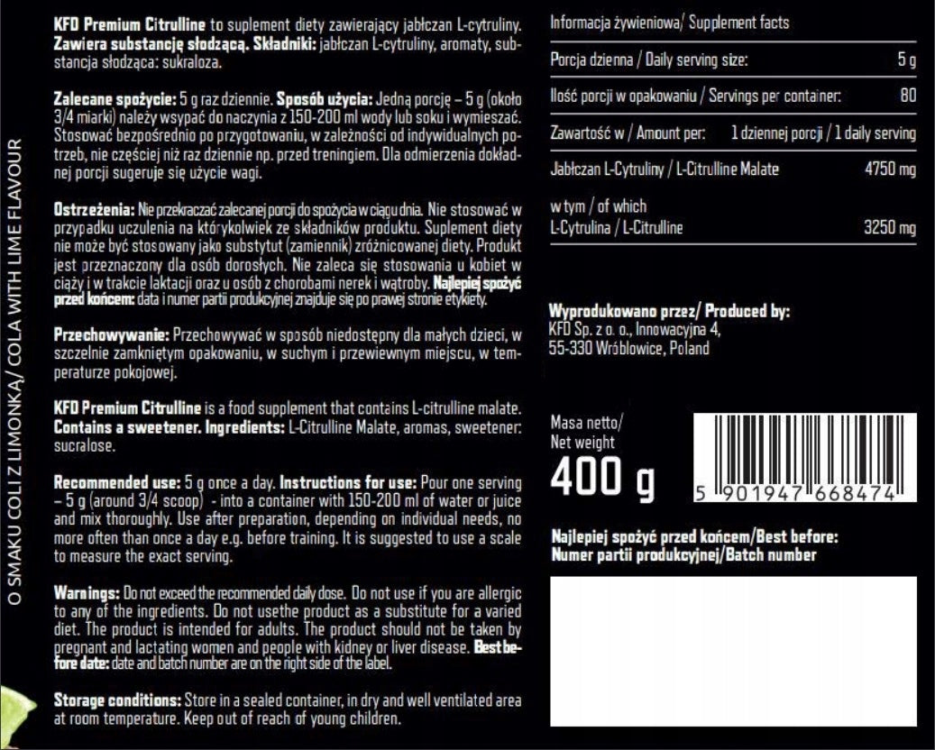 KFD Citrulline Premium Citrulline Malate Cola with Lime 400g Expiration date at least 1 year from the date of purchase