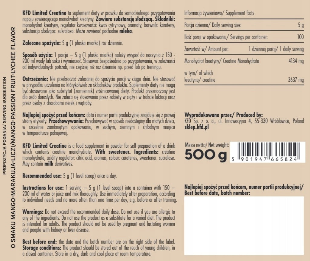 KFD Creatine creatine mango passion fruit lychee KFD 500 g Expiration date not specified