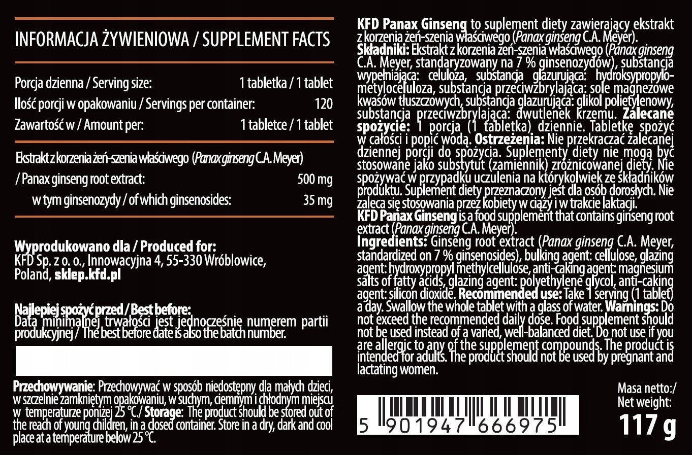 KFD KOREAN GINSENG SUPPLEMENT - PANAX GINSENG - 120 TABLETS Brand KFD