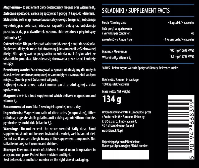 KFD ORGANIC MAGNESIUM + Vitamin B6 - 160 capsules Manufacturer code KFD Magnez 160