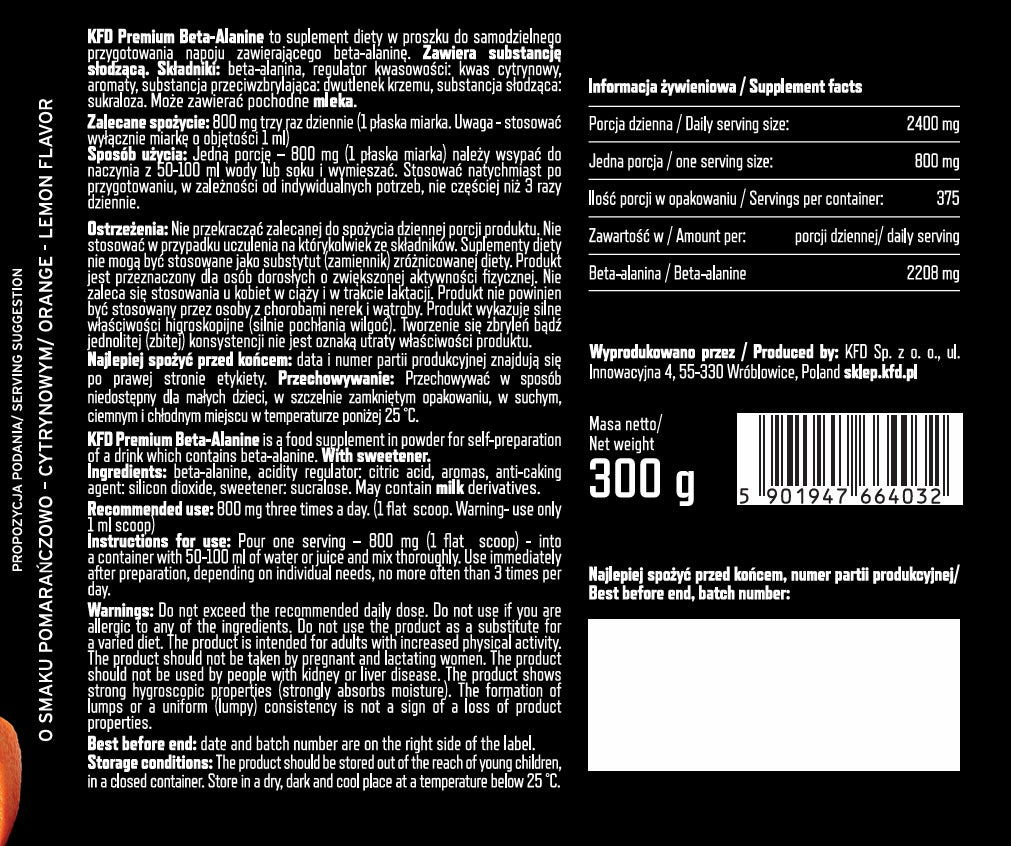 KFD PREMIUM BETA ALANINE 300 G ORANGE AND LEMON Expiration date at least 1 year from the date of purchase