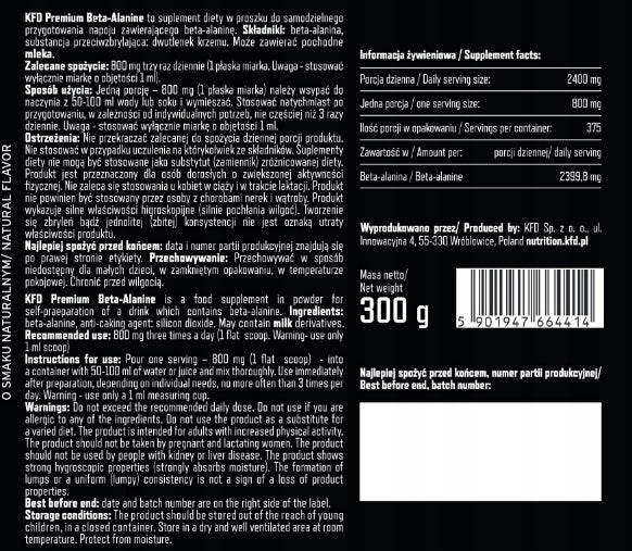 KFD PREMIUM BETA-ALANINE 300 G TASTE: NATURAL Expiration date at least 1 year from the date of purchase