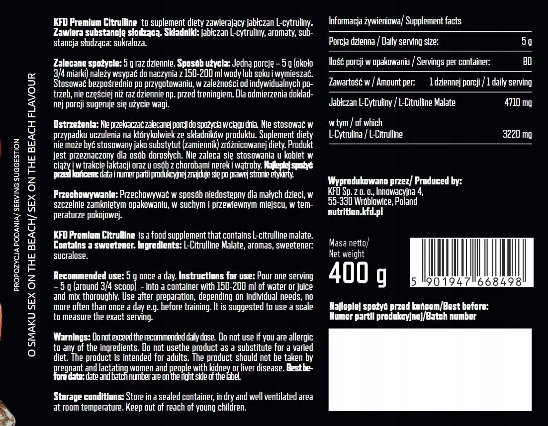 KFD PREMIUM CITRULLINE 400g CITRULLINE FLAVOUR SEX ON THE BEACH FOR ATHLETES Packaging status original