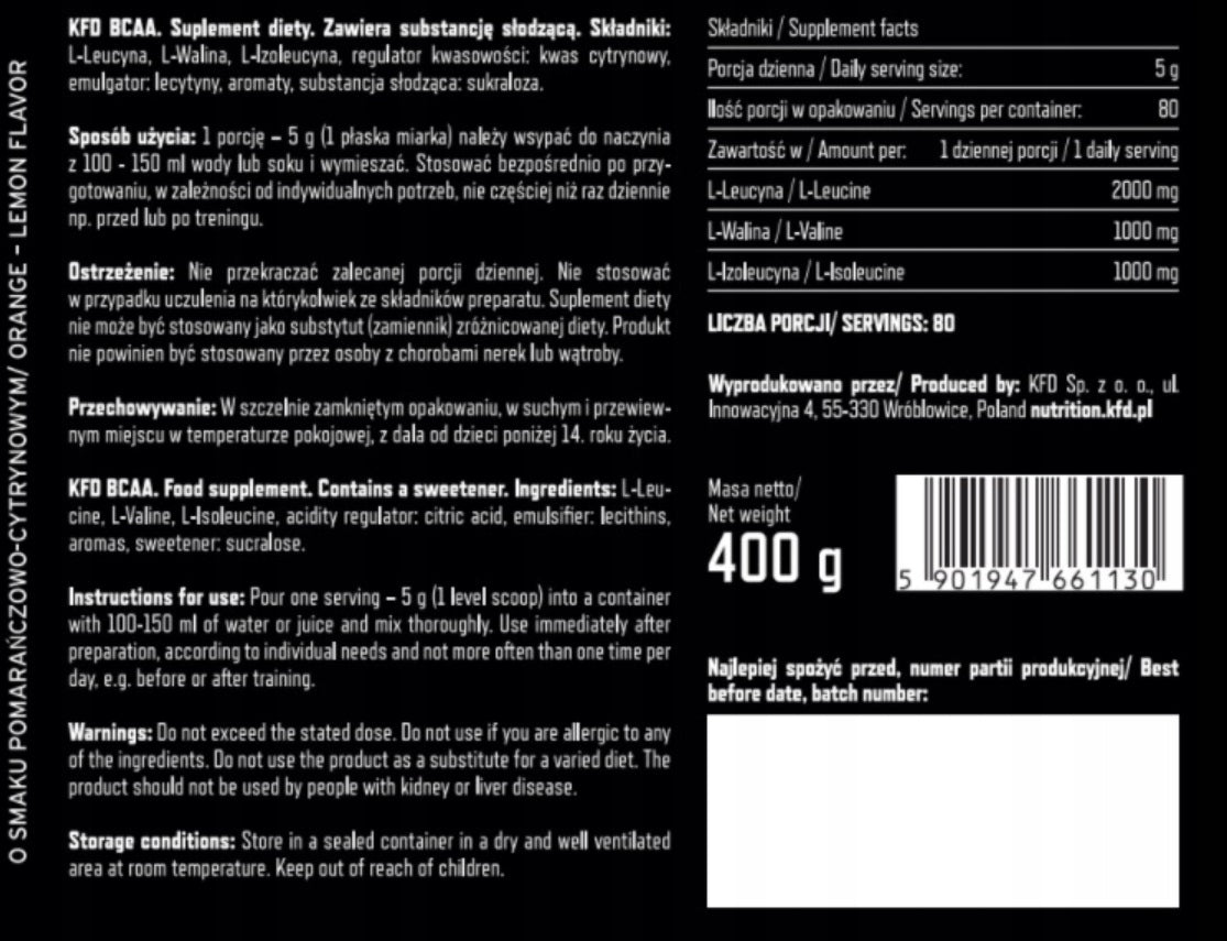 KFD Premium BCAA 2:1:1 - 400g ORANGE-LEMON flavour Packaging status original