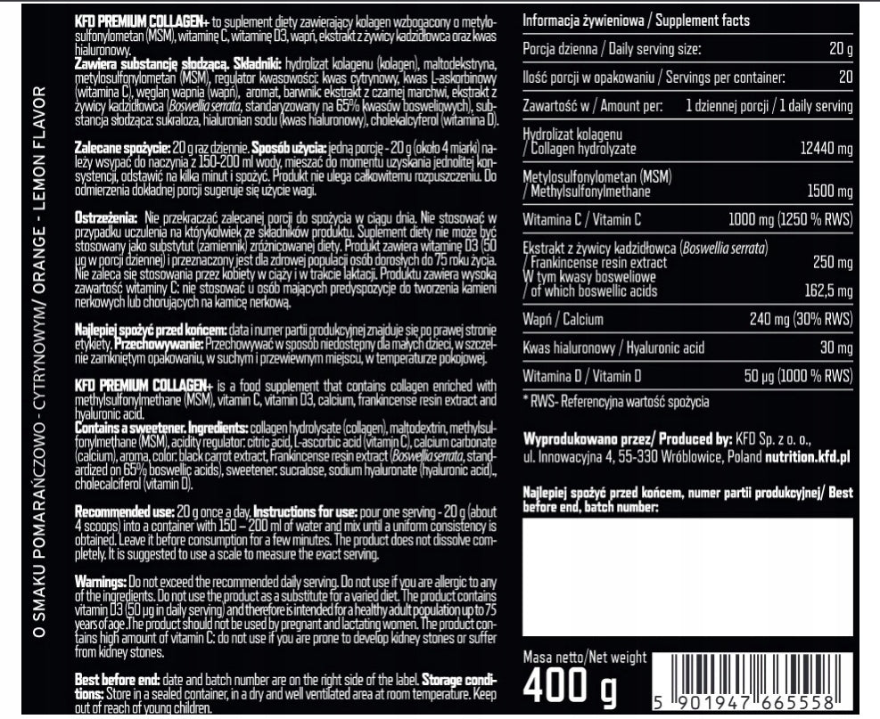 KFD Premium Collagen Plus - 400 g JOINTS TENDONS Collagen + MSM VITAMIN D3 C Expiration date at least six months from the date of purchase