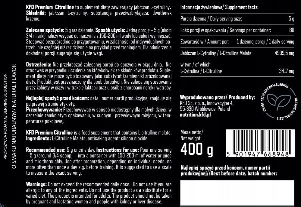 KFD Pure Citrulline Malate 400 g Citrulline EAN (GTIN) 5901947668948